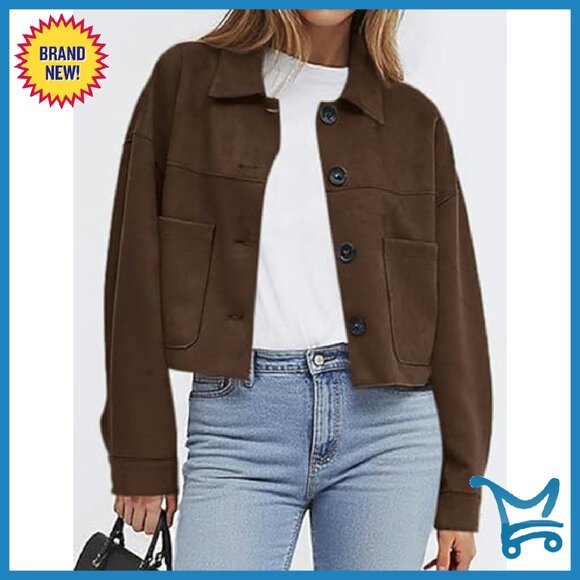 Faux Suede Cropped Jacket Women's Lightweight Casual Fall Outerwear - Picture 3 of 8